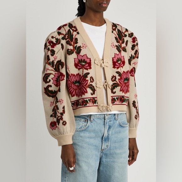 FARM Rio Sweaters - NWOT FARM Rio Ravenala Floral-Intarsia Wool Blend Knit Cardigan Off-White Sz XXS
